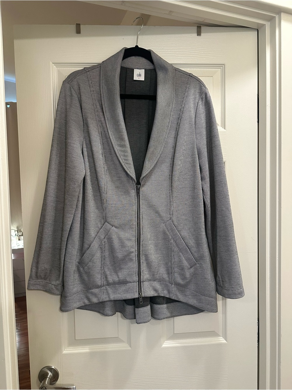 CAbi “Drop Off Zip” Gray Striped Blazer